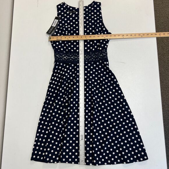 Homeyee Polka Dot Dress Womens 6 Navy Sleeveless Fit & Flare Floral Lace Detail - Picture 7 of 12